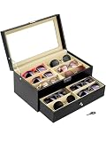 KingSaid Caja Organizadora de Gafas con Tapa de Cristal y Cajones – Estuche Expositor de Gafas de Sol y Joyas, Cuero Sintético Premium, Gran Capacidad, para Hombre y Mujer (Dos plantas)