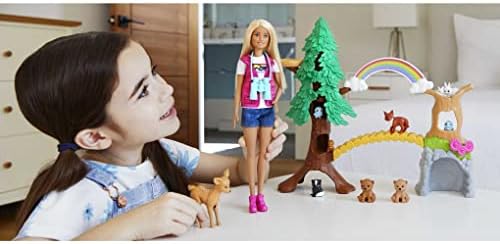Barbie Wilderness Guide Interactive Playset, Blonde Barbie Doll, Outdoor Tree, Bridge, Overhead Rainbow, 10 Animals & More, Gift for Ages 3 Y+, GTN60