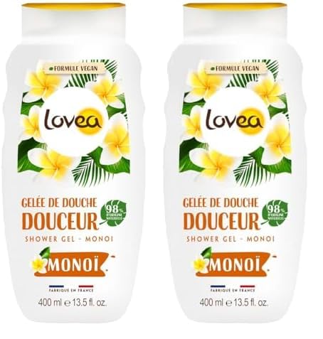 LOVEA - Gelée De Douche - Monoï - Mousse Fine & Onctueuse - Nettoie En Douceur - 96% D'Origine Naturelle - PH Neutre - Sans Sulfate - Fabriqué En France - 400 ml (Lot de 2)