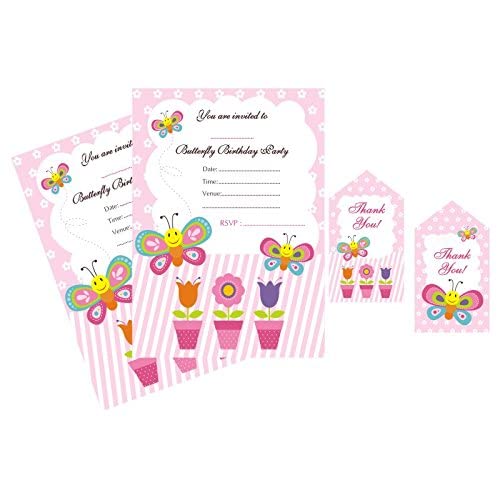 Pretty UR Party Butterfly Party Invitations and Thank you tags Combo, Birthday Invitations for girls, Party Invitations with Envelopes, Bday Invites for Kids, toddlers – Pack of 10 + 10 pcs