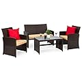 Best Choice Products 4-Piece Outdoor Wicker Patio Conversation Furniture Set for Backyard w/Coffee Table, Seat Cushions - Brown/Beige