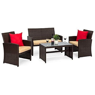 Best Choice Products 4-Piece Outdoor Wicker Patio Conversation Furniture Set for Backyard w/Coffee Table, Seat Cushions - Brown/Beige