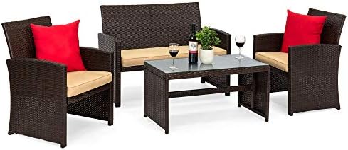 Best Choice Products 4-Piece Outdoor Wicker Patio Conversation Furniture Set for Backyard, Deck, Poolside w/Coffee Table, Seat Cushions - Brown Wicker/Beige Cushions