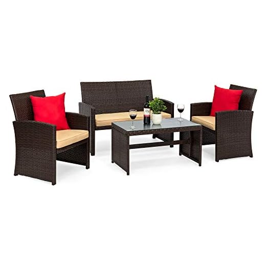 Best Choice Products 4-Piece Wicker Patio Conversation Furniture Set w/ 4 Seats, Tempered Glass Table Top - Brown Wicker/Beige Cushions