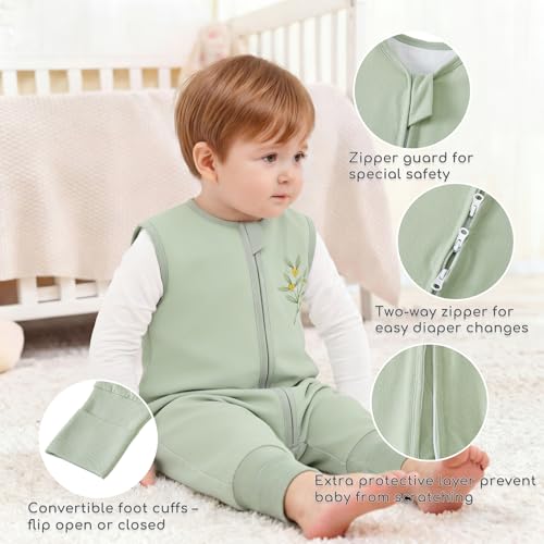 Image of Chilsuessy Toddler Sleep Sack with Feet 3-4 T, 1.0 TOG Cotton Baby Wearable Blanket with Legs, Sleep Bag Walker with 2-Way Zipper, Light Green