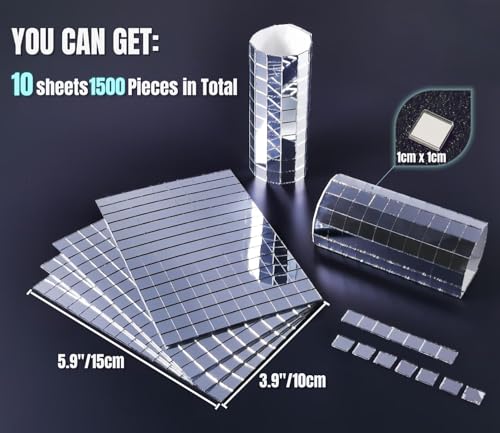 AIVS Self-Adhesive Real Glass Craft Mini Square & Round Mirrors Mosaic Tiles/Stickers for DIY Craft Decoration(10 x 10 mm, 1500 Pieces)