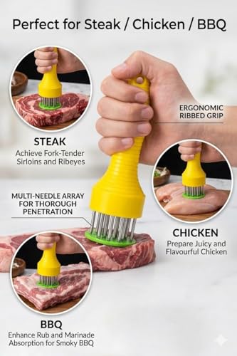 Image of GRILL BUMP Meat Tenderizer Needle Tool - Stainless Steel 24 Blade Meat Tenderizer | Professional Steak Tenderizer for Chicken, Beef & Mutton (Corn Meat tendrize)