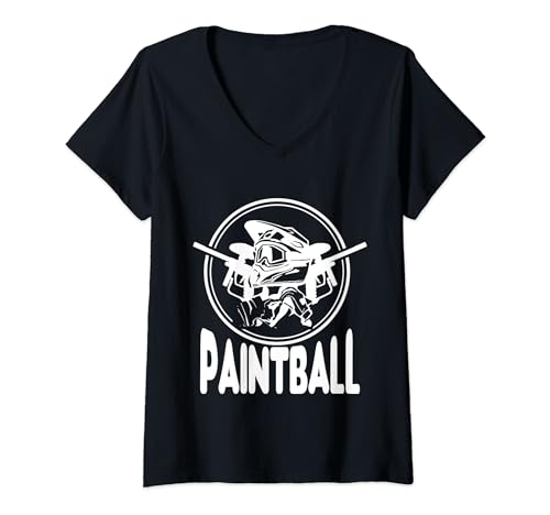 Damen Paintball Paintballmarkierer, Helm, Handschuh, in weiss T-Shirt mit V-Ausschnitt