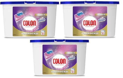 Colon Vanish Advanced Detergente para la Ropa con quitamanchas, Adecuado para Ropa Blanca y de Color, Formato cápsulas - 3 x 12 Lavados