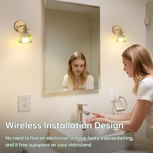 Image of Shenmoyl Vintage 5000 mAh Battery Operated Wall Sconce with Green Clear Tulip Gradient Glass Lampshade Rechargeable Battery Powered Wall Light with Remote Control for Bedroom, Set of 2