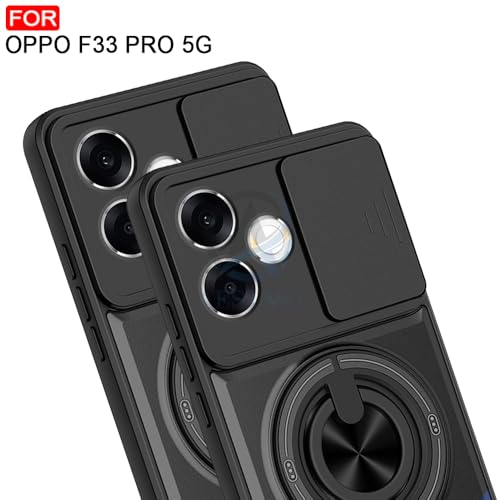 Image of AESTMO Oppo F33 Pro 5G Back Cover | Armor Camera Slider 360 Degree Rotating Finger Ring Holder Case with Bracket Stand Back Case Cover (Compatible with MagSafe Accessories) (Black)