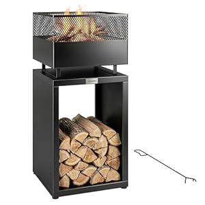 Outsunny Feuerschale 39 x 39 x 87 cm Feuerstelle mit Holzlager Kohlegitter verstellbaren Füßen, Feuerschalen Feuerkorb für Garten, Balkon Terrasse, Outdoor BBQ Camping Schwarz