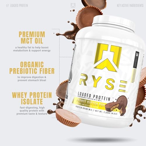 Image of RYSE Loaded Protein Powder - Peanut Butter Cup - 25g Whey Protein Isolate & Concentrate with Prebiotic Fiber & MCTs - Low Carb, Low Sugar, Digestive-Friendly - 54 Servings / 4 lb Tub