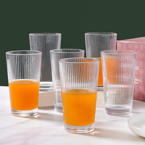 Image of Nestasia Transparent Juice Glasses Set of 6 (300ml Each) - Chip & Scratch Resistant Ribbed Textured Tumblers | Ideal for Water, Juice, Cocktails, Mocktails - Perfect for Gifting