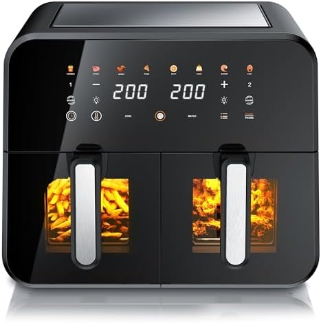 Arendo - XXL Heißluftfritteuse 11 Liter - 2 Kammern mit Fenster - extra Groß Dual Zone - Backofen Umluft - Grill - Airfryer mit Fenster - Dörrautomat - Fritteuse ohne Öl - Pizza Hä