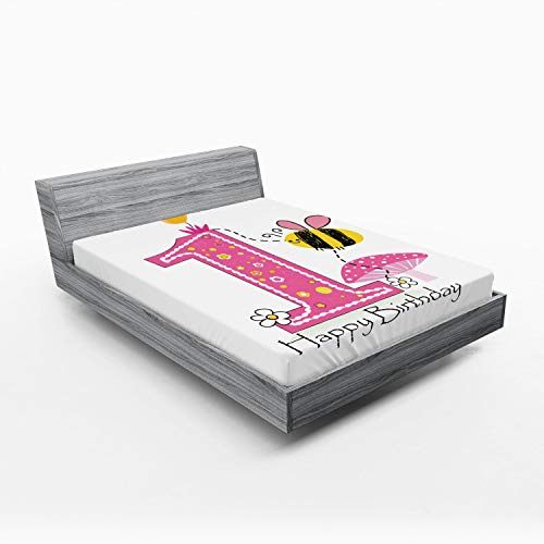 Ambesonne 1st Birthday Fitted Sheet, Cartoon Style Image with The Bees Party Cake and The Candle Print, Bed Cover with All-Round Elastic Deep Pocket for Comfort, Full Size, Pink Black and Yellow