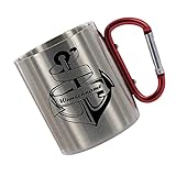 CreaLuxe Edelstahltasse mit Karabiner 'Anker mit Wunschname' Tasse personalisiert, Kaffeetasse, Bürotasse, Metalltasse mit Name