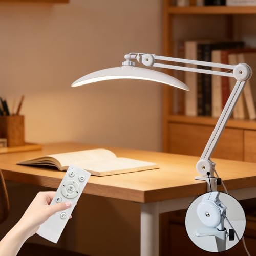 48W Eye-Caring LED Clip On Desk Lamp, 3 Color Temperatures 2700K/4200K/5600K, Dimmable Desk Light with CRI 95+, Curved Design for Focused Lighting for Crafting, Painting, Hobby & Computer (gray)