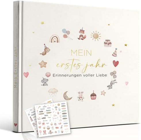 Hyggartn Mein Erstes Jahr Babyalbum mit 129 Stickern Personalisierte Geschenke Baby Geschenk Geburt Junge & Mädchen Fotoalbum Baby Erinnerung Babytagebuch 21x21 cm (Kleine Süße)
