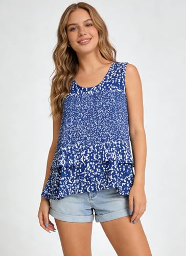 Image of Summer Tops for Women Flowy Chiffon Sleeveless Blouses White Tank Top Woman Ladies Crewneck Double Layers Strap Shirt