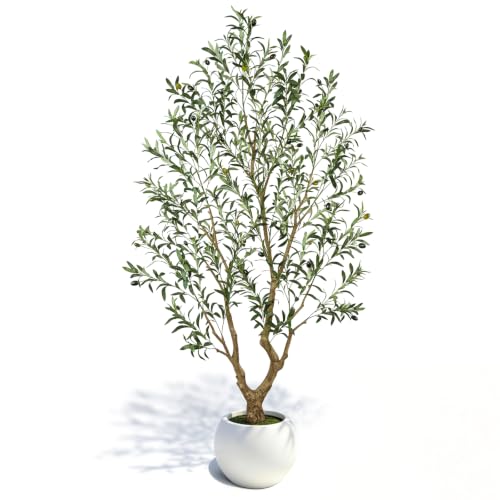 Artificial Olive Tree 7FT Tall Faux Olive Tree Indoor with Large White Round Planter Full-Shape Fake Olive Plant PE Leaves and Premium Plastic Trunk for Home Living Room Office Decor