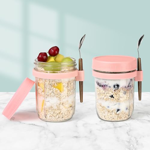 Image of 16 oz Glass Mason Overnight Oats Jars, Large Capacity Airtight Jars for Milk, Cereal, Fruit (Pink-2Pcs) 2 Pack Overnight Oats Containers with Lids and Spoon