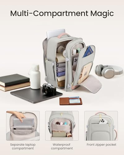 Image of LOVEVOOK Travel Backpack for Women, 50L Carry On Backpack Flight Approved with Garment Bag, Personal Item Travel Bag Fit 17 Inch Laptop, Business Weekender Overnight Daypack With 2 Cubes, Pink-Grey