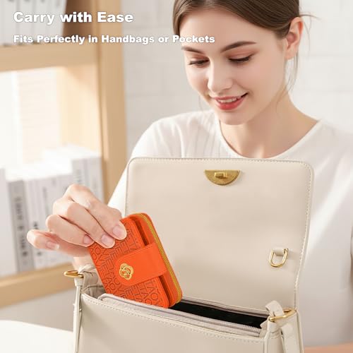 Image of Credit Card Wallets for Women, Leather Cardholder with Zipper Around, Small RFID Ladies Wallet, Accordion Compact Bifold Purse for Travel, 19 Card Slots, ID Window, Cash Organizer - Orange