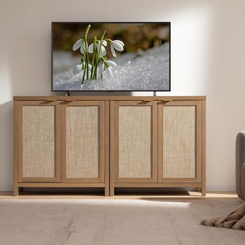 Image of SICOTAS Sideboard Buffet Cabinet with Large Storage : Boho Rattan Credenza Coffee Bar Storage Cabinet with Adjustable Shelves, Farmhouse Console Cabinets for Kitchen, Living Room, Entryway, Oak, 2 PCS
