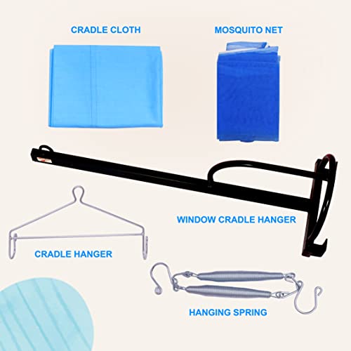 Image of New Born Baby Cradle Cot Metal Hanger with Spring Set,Cotton Cradle Cloth and Mosquito Net -Blue
