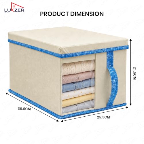 Image of Lukzer 4 PCs Wardrobe Organizer for Storage - 20L Non-Woven Foldable Cloth Organizer /Storage Box with Lid & Handle | Stackable Space-Saving Multipurpose Organizers for Home & Office Use - Beige /Blue