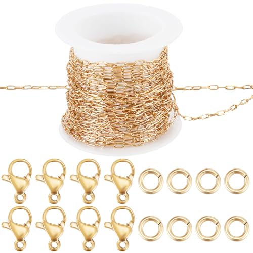 Beebeecraft 1 Rollo de 16.4 pies/5 m de Cadena de Acero Inoxidable Chapada En Oro de 18 Quilates con 304 Clips para Papel Cadena de Joyería con 10 Cierres de Pinza de Langosta Y 30 Anillos de Salto