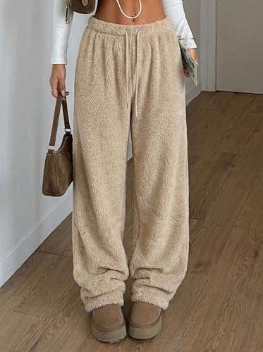 Image of ZAFUL Women's Fuzzy Plush Pajama Pants Wide Leg Pj Bottoms Lounge Pants