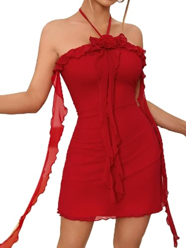 Image of SOLY HUX Women's Summer Dresses Halter Bodycon Irregular Ruffle Trim 3D Flower Cami Mini Party Club Dress Plain Red Small
