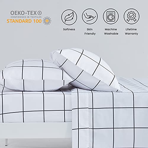 Sleep Zone Printed Plaid Queen Size Sheet Set 4 Piece - Double Brushed Microfiber Super Soft Breathable Bedding Sheets With 16 Inch Deep Pocket (Black Grid Printed On White) #TOP4
