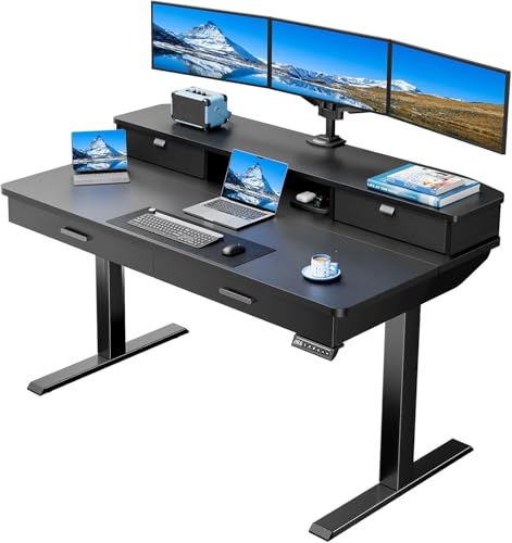 Image of HUANUO 55 x 30 inch Standing Desk with Wood Drawers,Electric Stand up Home Office Desk Adjustable Height with Two Tiers, Black Ergonomic Stand up Desk with Monitor Stand