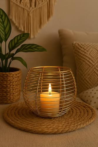 Image of The Purple Tree Gold Wire Candle Holder for Home Decor | Modern Round Metal Lantern with Glass Jar | Centerpiece for Living Room, Table, Diwali, Christmas, Gifting (Gold)