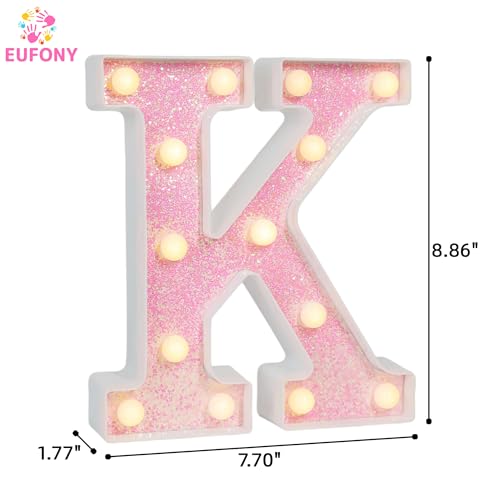 Image of Pink Glitter Marquee Light Up Letters, Battery Operated LED Letter Lights Signs for Pink Birthday Party Table Decorations, Wall Decor for Girls Bedroom, Initial Letter K with Warm White Lights
