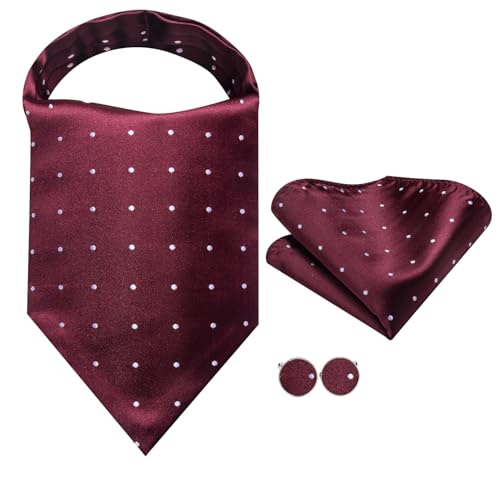 Image of Hi-Tie Silk Ascot for Men Self Tie Men's Cravat and Flower Lapel Pin Handkerchief Cufflinks Set for Wedding Party