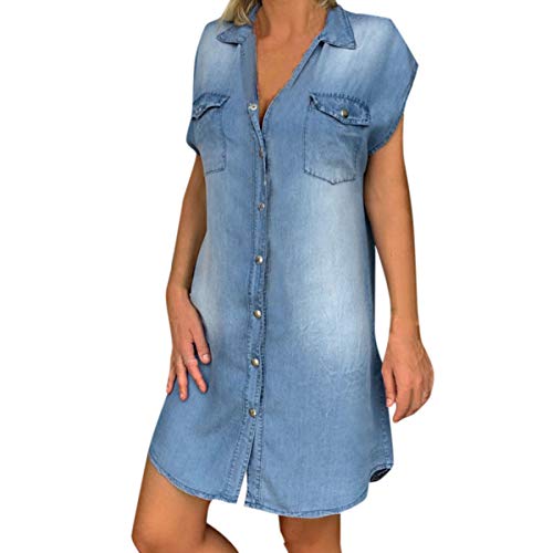 VIENNAR Women Denim Shirt Dresses Long Sleeve Distressed Denim Dress Button Down V Neck Casual Tunic Tops (Blue, XXL)