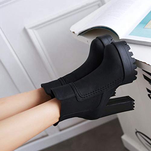 VOKLIN Women's Platform High Heeled Ankle Boots Round Toe Chelsea Waterproof Elastic Dressy Short Booties4