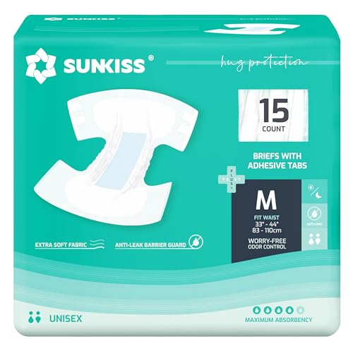 SUNKISS TrustPlus Adult Diapers with Maximum Absorbency, Unisex Disposable Incontinence Briefs with Tabs for Men and Women, Odor Control, Medium, Previously S/M, 15 Count