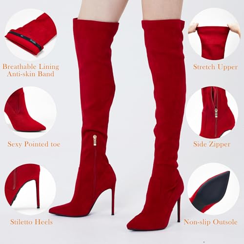 Image of GENSHUO Women's Over the Knee Boots Stiletto Pointed Toe Thigh High Heel | Stretchy Thigh High Long Boots with Side Zipper, Sexy Slim Fit Tall Heeled Boot for Club Party Evening Dress Wear
