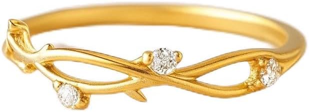 Dainty Branch Ring for Women 14K Yellow Gold Nature-Inspired Twisted Vine Band with CZ Diamond Minimalist Stacking Promise Jewelry Gift for Her