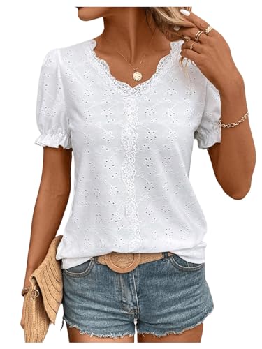 SweatyRocks Women's Puff Sleeve Lace Trim V Neck Eyelet Top Embroidery Blouse
