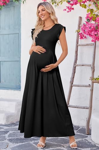 Image of OUGES Women's Maternity Dress Summer Ruffle Sleeve Patchwork Casual Flowy Maxi Dresses with Pockets