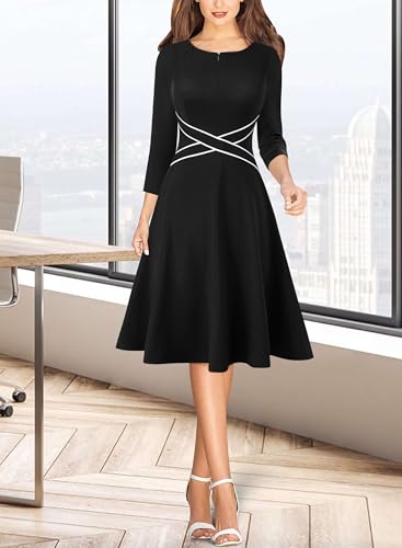VFSHOW Womens Patchwork Colorblock Work Business Office Elegant Zipper up Slim A-Line Skater Dress2