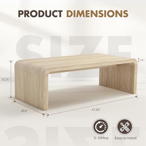 Hyfirm 47" Travertine Look Coffee Table, Thick Waterfall Edge Wood - Image 2
