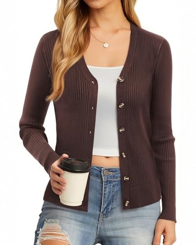 GRACE KARIN Brown Cardigan Sweaters for Women Trendy 2026, Long Sleeve Button Up Jacket, V Neck Casual Ribbed Knit Top L