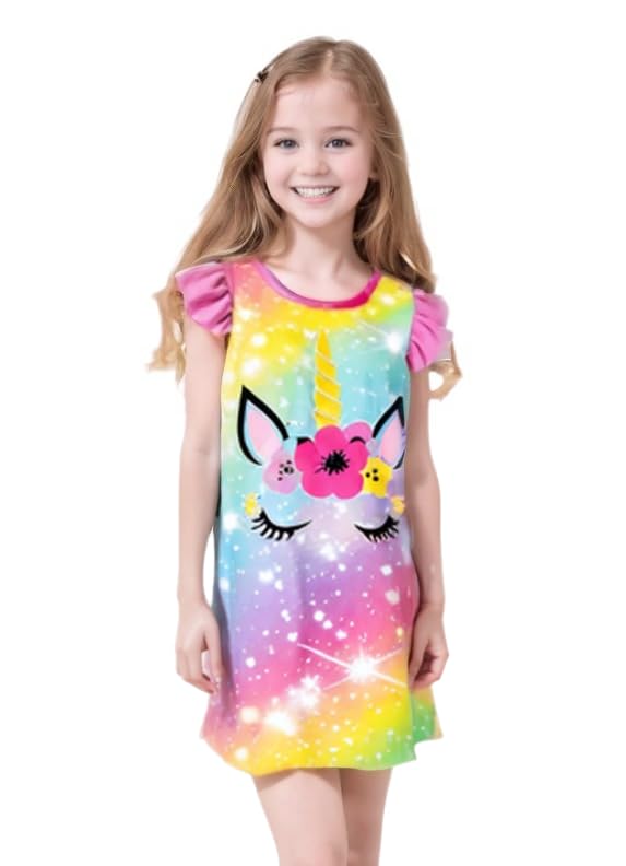 Girls Rainbow Unicorn Dress, Ruffle Sleeve Casual Playwear, Princess Dress for Birthday, Party, and Everyday Wear3